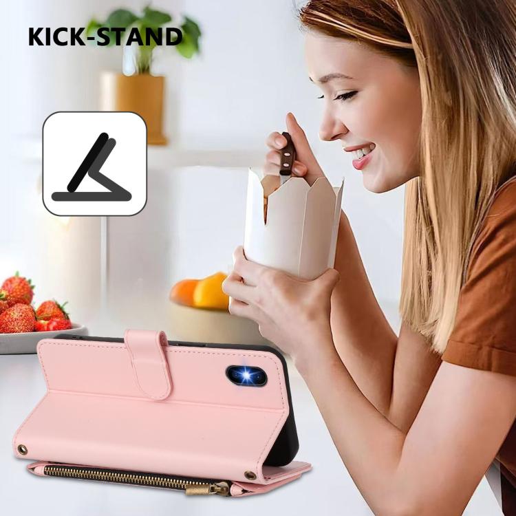 Funda de cuero con cremallera para iPhone X/XS, diseño de mariposas, flores y amor, con múltiples tarjetas (rosa)