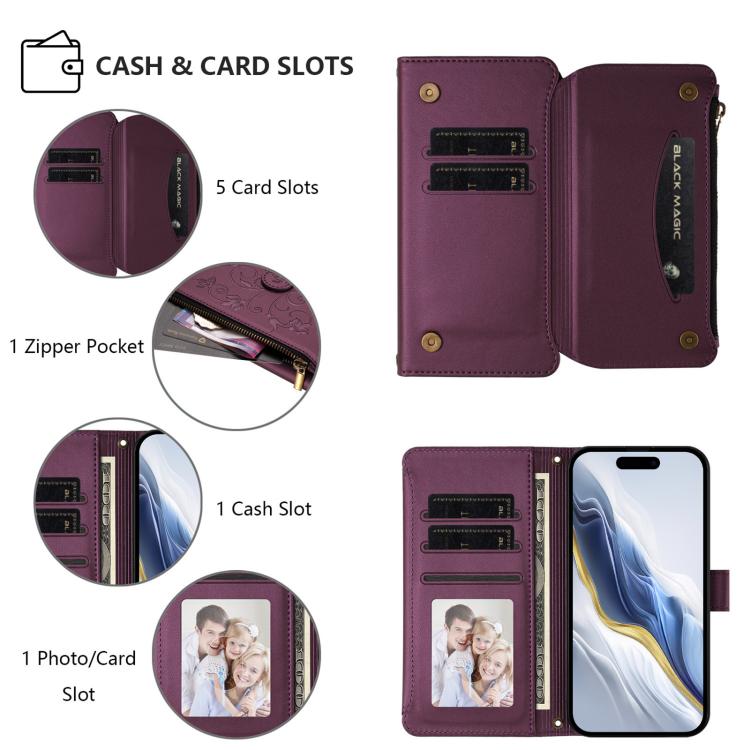 Funda de cuero con cremallera para iPhone XR, diseño de mariposas, flores y amor, con múltiples tarjetas (morado oscuro)