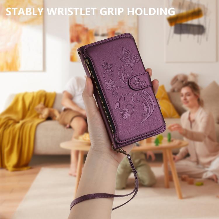 Funda de cuero con cremallera para iPhone XR, diseño de mariposas, flores y amor, con múltiples tarjetas (morado oscuro)