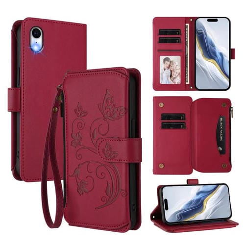 Funda de cuero con cremallera para iPhone XR, diseño de mariposas, flores y amor (rojo vino)