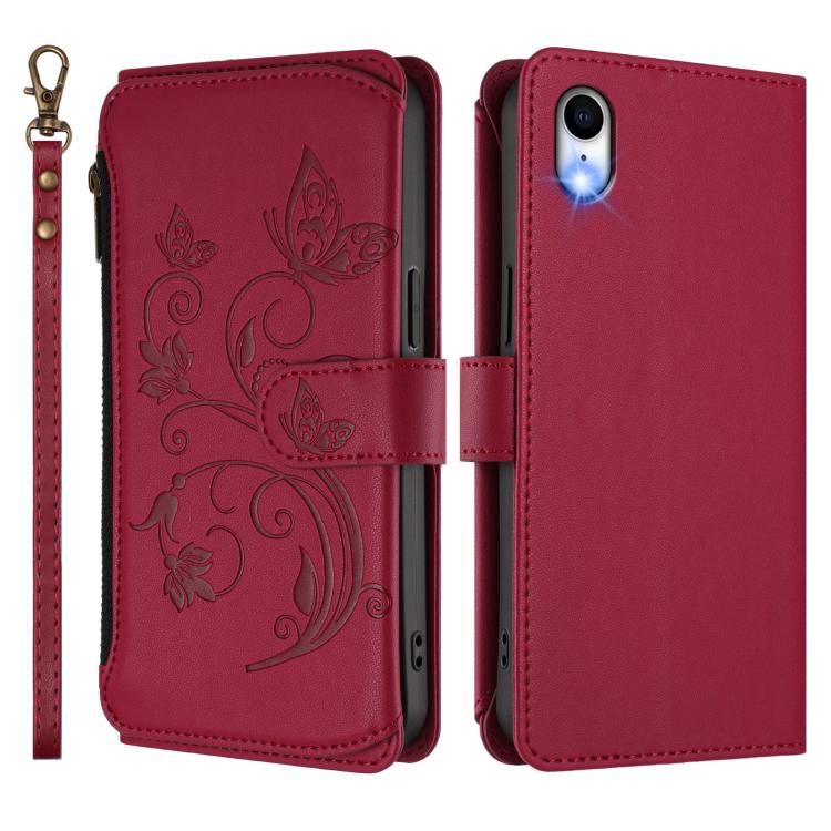 Funda de cuero con cremallera para iPhone XR, diseño de mariposas, flores y amor (rojo vino)