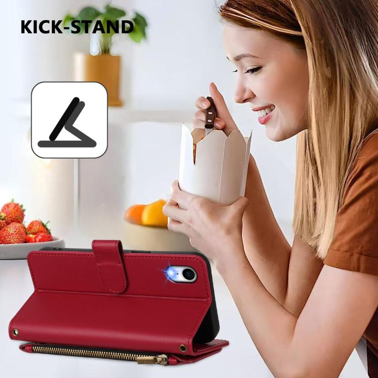 Funda de cuero con cremallera para iPhone XR, diseño de mariposas, flores y amor (rojo vino)