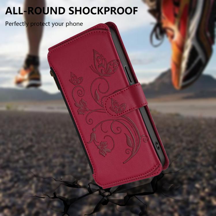 Funda de cuero con cremallera para iPhone XR, diseño de mariposas, flores y amor (rojo vino)