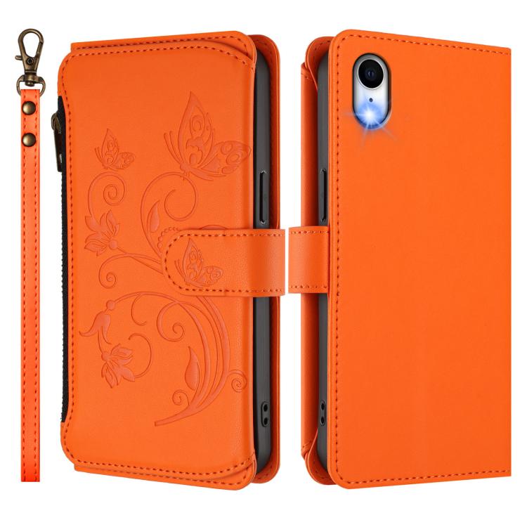Funda de cuero con cremallera para iPhone XR, diseño de mariposas, flores y amor, con múltiples tarjetas (naranja)