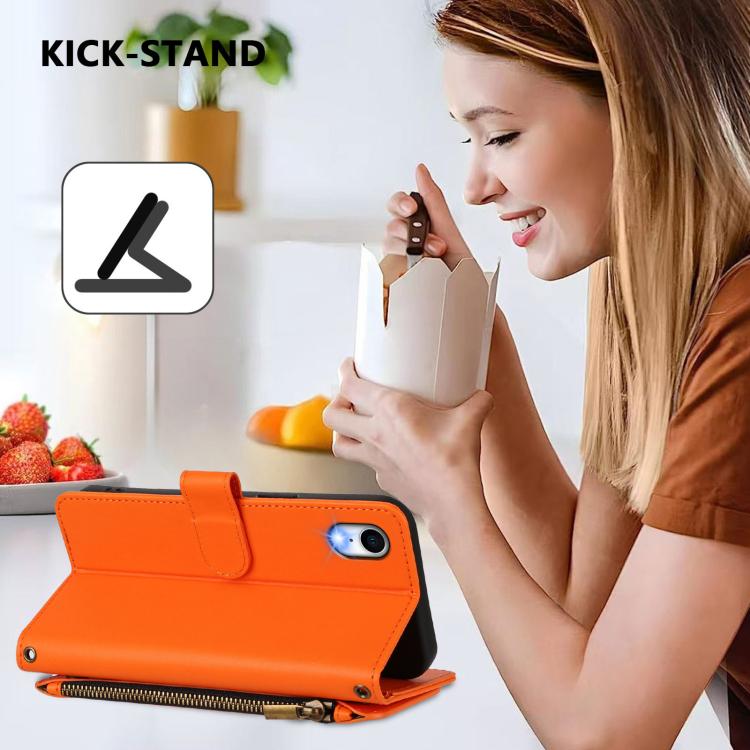 Funda de cuero con cremallera para iPhone XR, diseño de mariposas, flores y amor, con múltiples tarjetas (naranja)