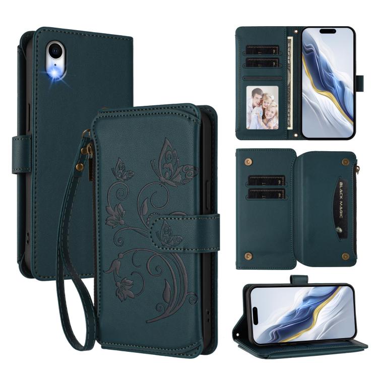Funda de cuero con cremallera para iPhone XR, diseño de mariposas, flores y amor, con múltiples tarjetas (verde oscuro)