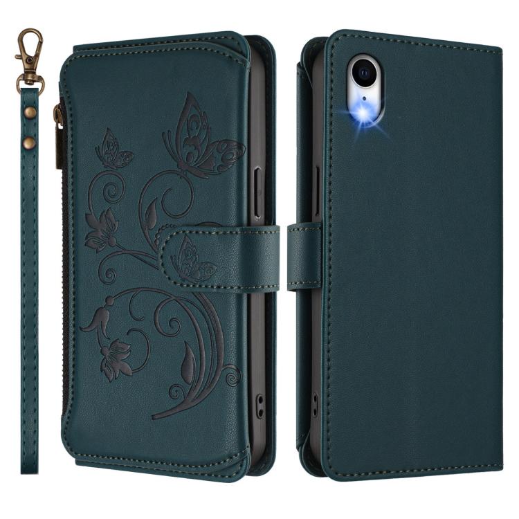 Funda de cuero con cremallera para iPhone XR, diseño de mariposas, flores y amor, con múltiples tarjetas (verde oscuro)