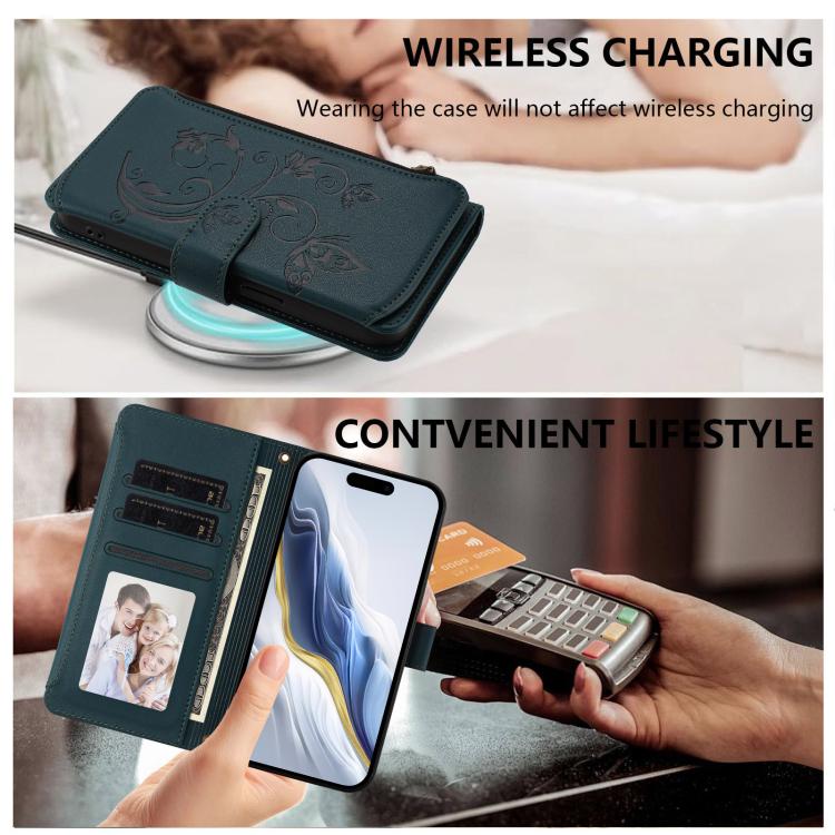 Funda de cuero con cremallera para iPhone XR, diseño de mariposas, flores y amor, con múltiples tarjetas (verde oscuro)