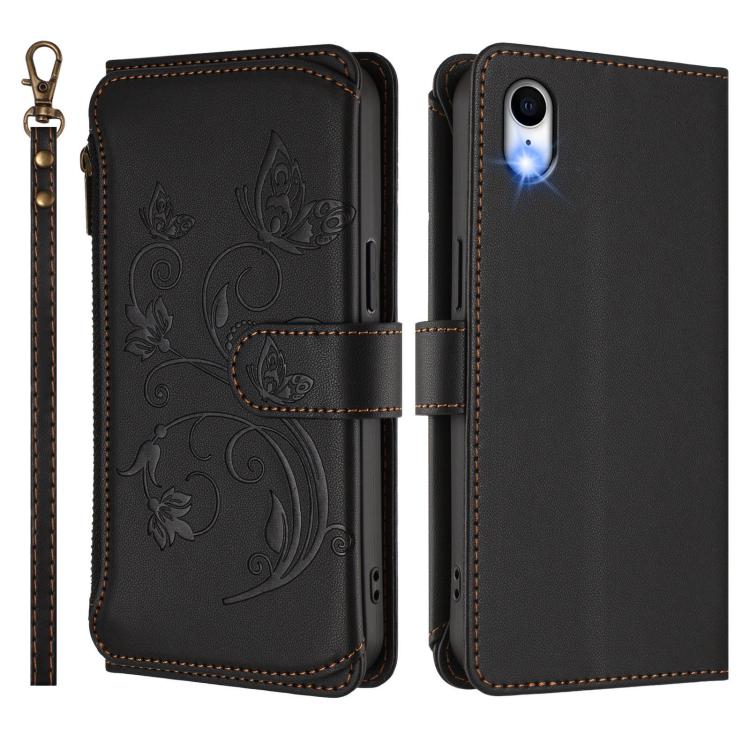 Funda de cuero con cremallera para iPhone XR, diseño de mariposas, flores y amor, con múltiples tarjetas (negro)