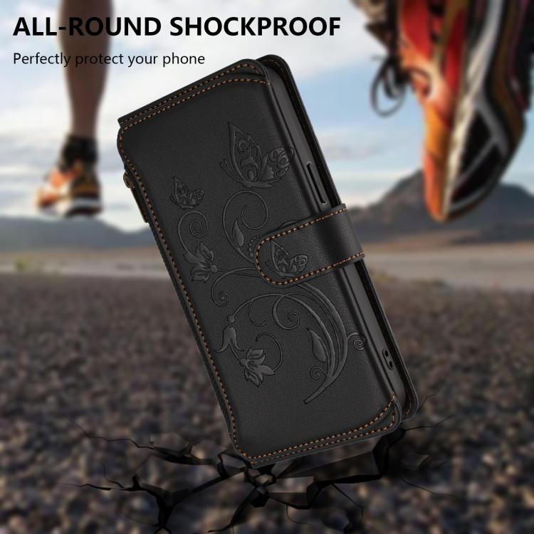Funda de cuero con cremallera para iPhone XR, diseño de mariposas, flores y amor, con múltiples tarjetas (negro)