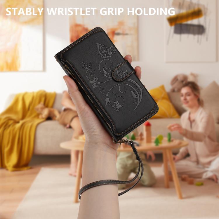 Funda de cuero con cremallera para iPhone XR, diseño de mariposas, flores y amor, con múltiples tarjetas (negro)