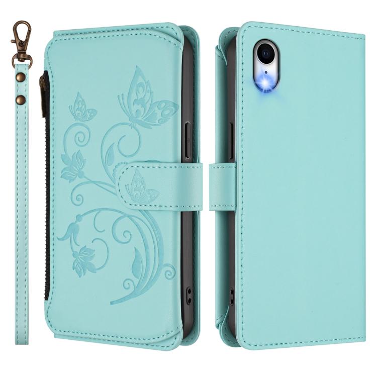 Funda de cuero con cremallera para iPhone XR, diseño de mariposas, flores y amor, con múltiples tarjetas (verde menta)