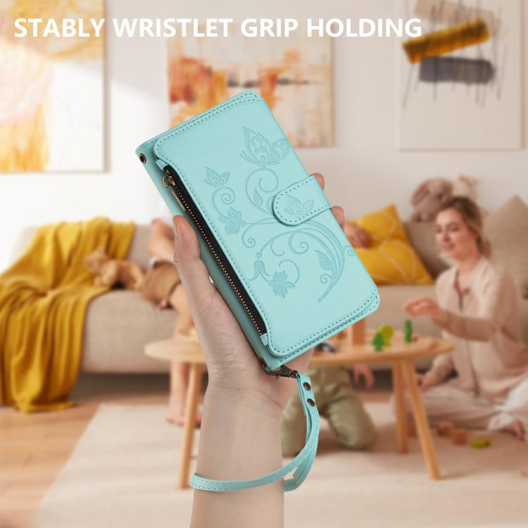 Funda de cuero con cremallera para iPhone XR, diseño de mariposas, flores y amor, con múltiples tarjetas (verde menta)