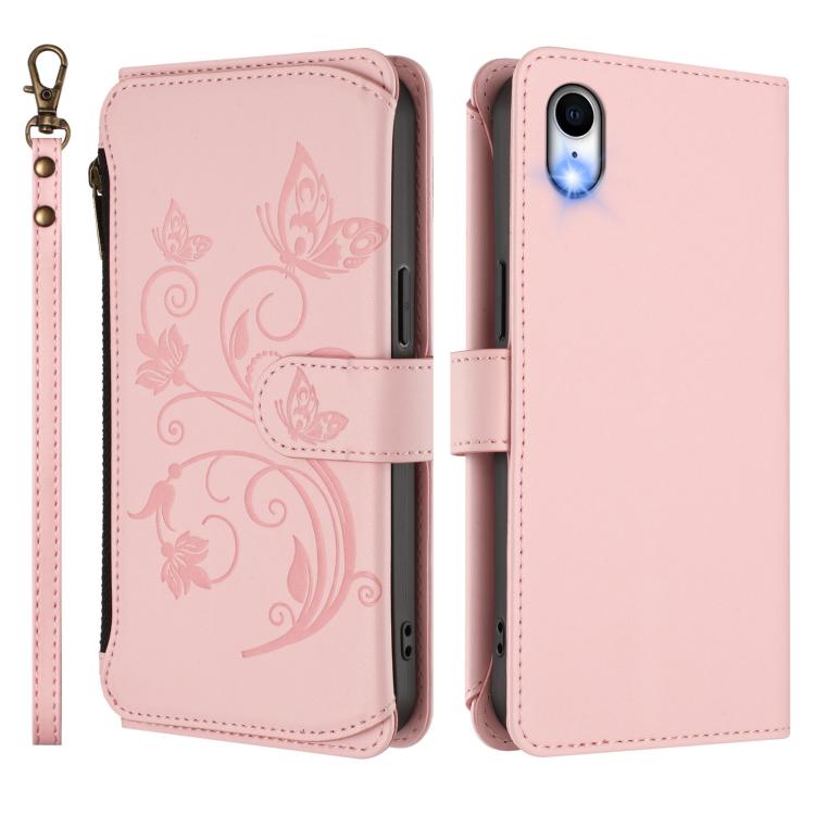 Funda de cuero con cremallera para iPhone XR, diseño de mariposas, flores y amor, con múltiples tarjetas (rosa)