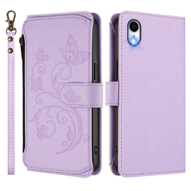 Funda de cuero con cremallera para iPhone XR, diseño de mariposas, flores y amor, con múltiples tarjetas (morado claro)