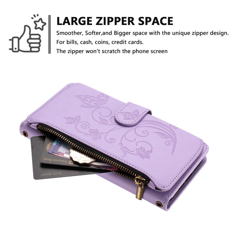Funda de cuero con cremallera para iPhone XR, diseño de mariposas, flores y amor, con múltiples tarjetas (morado claro)