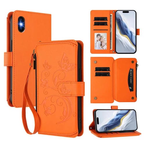 Funda de cuero con cremallera para iPhone XS Max, diseño de mariposas, flores y amor (naranja)