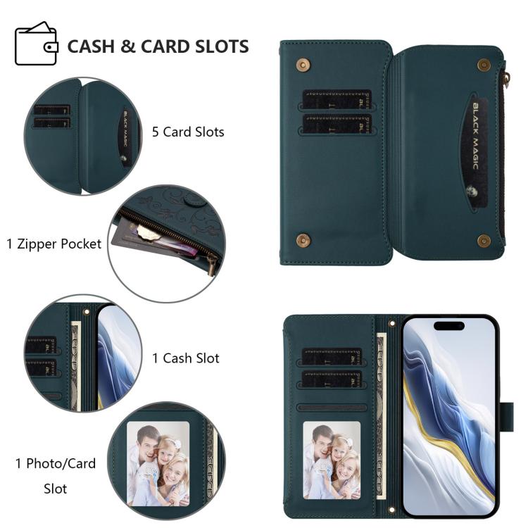 Funda de cuero con cremallera para iPhone XS Max, diseño de mariposas, flores y amor, con múltiples tarjetas (verde oscuro)