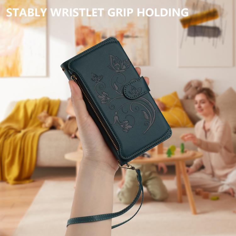 Funda de cuero con cremallera para iPhone XS Max, diseño de mariposas, flores y amor, con múltiples tarjetas (verde oscuro)
