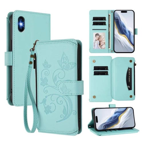 Funda de cuero con cremallera para iPhone XS Max, diseño de mariposas, flores y amor (verde menta)