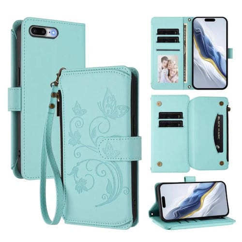 Funda de cuero con cremallera para iPhone 7 Plus/8 Plus, diseño de mariposas, flores y amor (verde menta)
