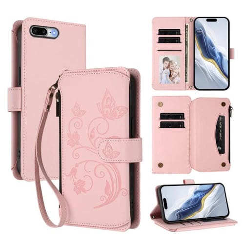 Funda de cuero con cremallera para iPhone 7 Plus/8 Plus, diseño de mariposas, flores y amor, con múltiples tarjetas (rosa)