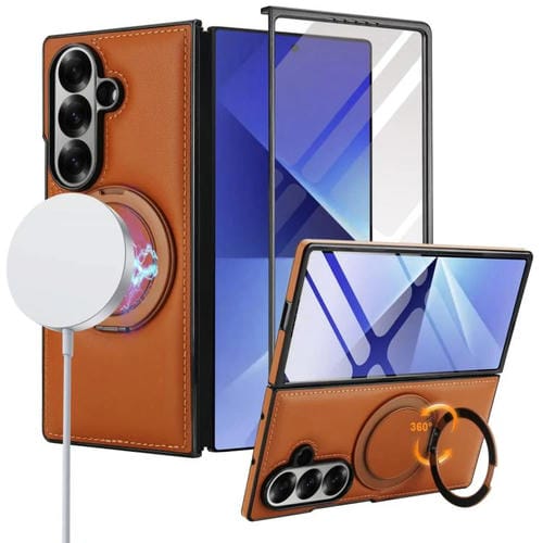 Funda de cuero plegable con soporte giratorio y película MagSafe para Samsung Galaxy Z Fold7 5G (marrón)