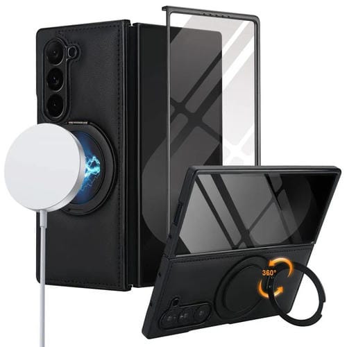 Funda de cuero plegable con soporte giratorio y película MagSafe integrada para Samsung Galaxy Z Fold6 (negro)