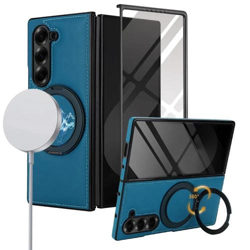 Funda de cuero plegable con soporte giratorio y película MagSafe integrada para Samsung Galaxy Z Fold6 (azul)