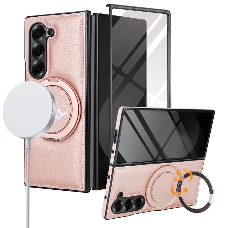 Funda de cuero plegable con soporte giratorio y película MagSafe para Samsung Galaxy Z Fold6 (oro rosa)