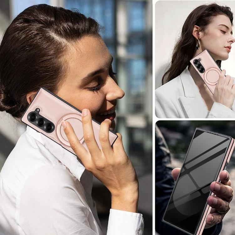 Funda de cuero plegable con soporte giratorio y película MagSafe para Samsung Galaxy Z Fold6 (oro rosa)