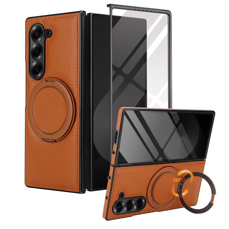 Funda de cuero plegable con soporte giratorio y película MagSafe integrada para Samsung Galaxy Z Fold5 (marrón)