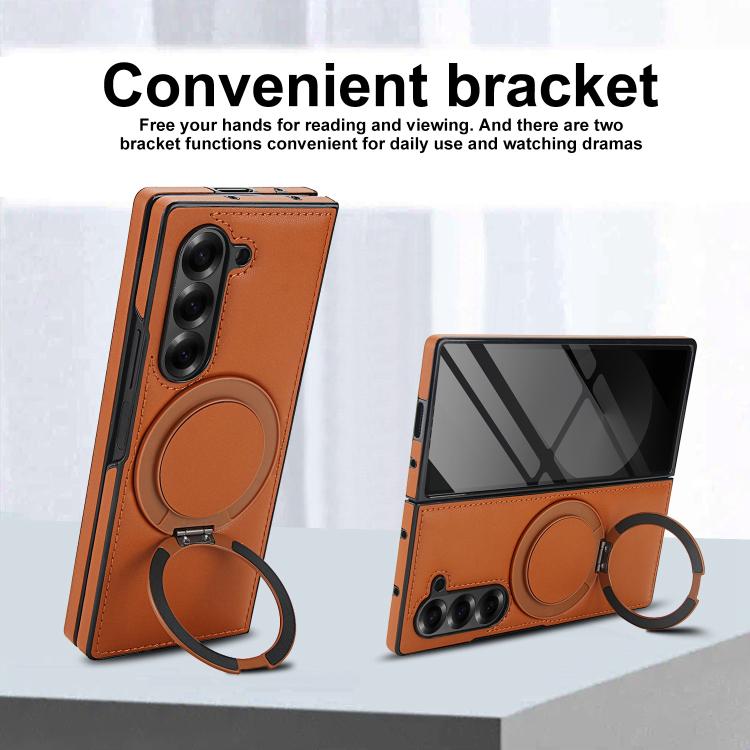 Funda de cuero plegable con soporte giratorio y película MagSafe integrada para Samsung Galaxy Z Fold5 (marrón)