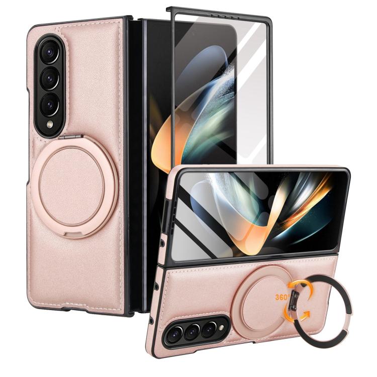 Funda de cuero plegable con soporte giratorio y película MagSafe integrada para Samsung Galaxy Z Fold4 (oro rosa)