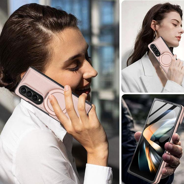 Funda de cuero plegable con soporte giratorio y película MagSafe integrada para Samsung Galaxy Z Fold4 (oro rosa)