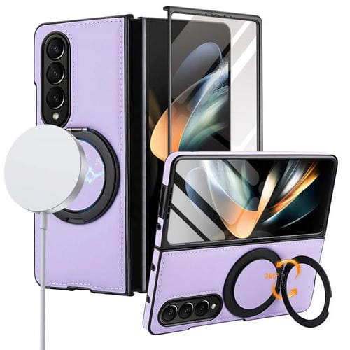 Funda de cuero plegable con soporte giratorio y película MagSafe para Samsung Galaxy Z Fold3 5G (morado claro)