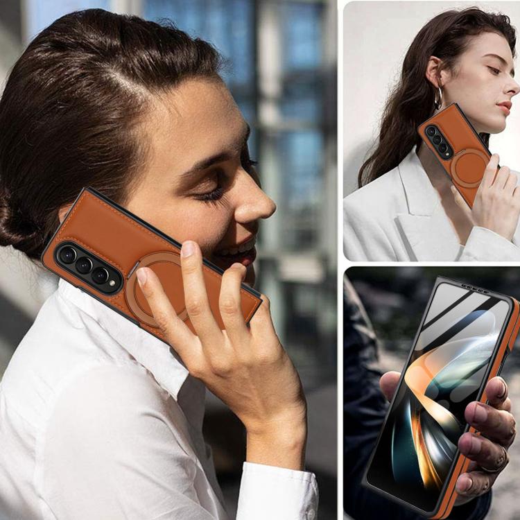 Funda de cuero plegable con soporte giratorio y película MagSafe para Samsung Galaxy Z Fold3 5G (marrón)
