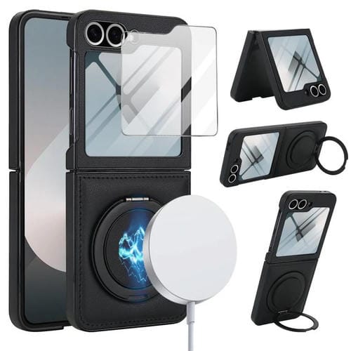 Funda de cuero con soporte giratorio y película MagSafe integrada para Samsung Galaxy Z Flip6 (negro)