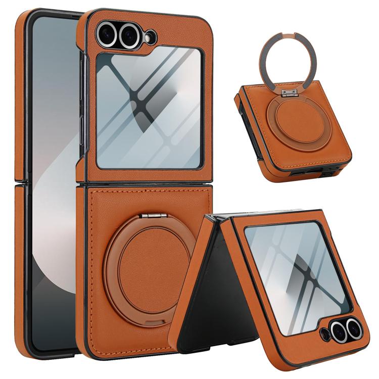 Funda de cuero con soporte giratorio plegable y película MagSafe integrada para Samsung Galaxy Z Flip6 (marrón)