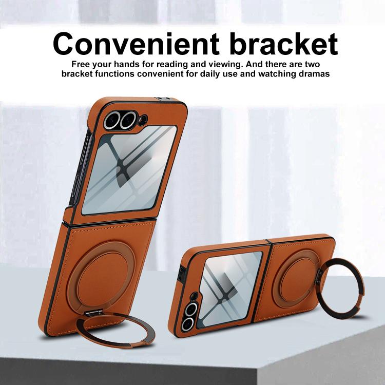 Funda de cuero con soporte giratorio plegable y película MagSafe integrada para Samsung Galaxy Z Flip6 (marrón)