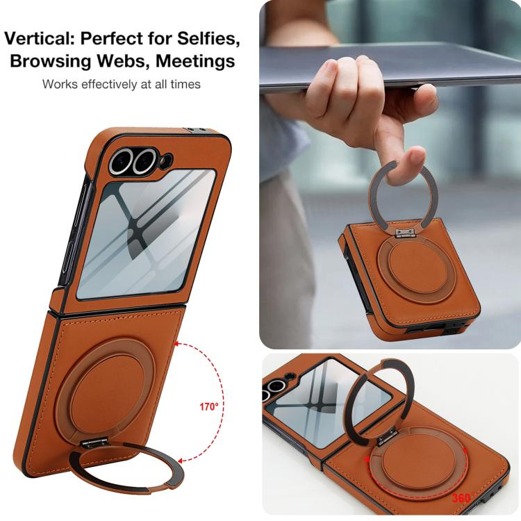 Funda de cuero con soporte giratorio plegable y película MagSafe integrada para Samsung Galaxy Z Flip6 (marrón)