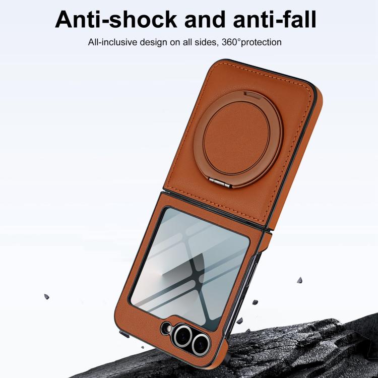 Funda de cuero con soporte giratorio plegable y película MagSafe integrada para Samsung Galaxy Z Flip6 (marrón)
