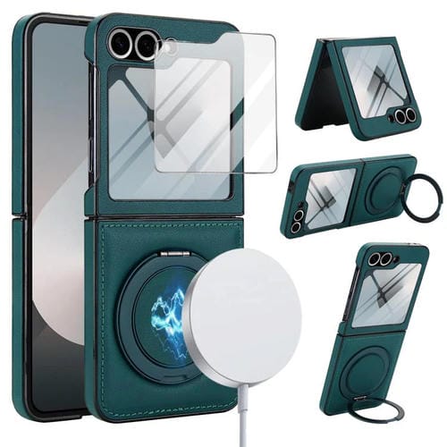 Funda de cuero con soporte giratorio y película MagSafe integrada para Samsung Galaxy Z Flip5 (verde)