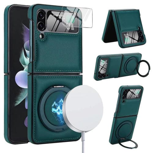 Funda de cuero con soporte giratorio plegable y película MagSafe integrada para Samsung Galaxy Z Flip4 (verde)