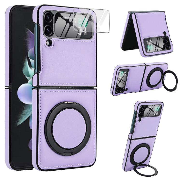 Funda de cuero con soporte giratorio plegable y película MagSafe integrada para Samsung Galaxy Z Flip4 (morado claro)