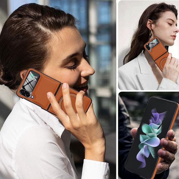 Funda de cuero plegable con soporte giratorio y película MagSafe integrada para Samsung Galaxy Z Flip3 5G (marrón)