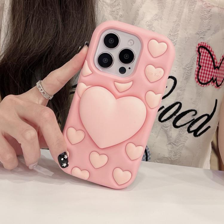 Funda de silicona con diseño de corazón 3D para iPhone 16 Pro Max (rosa)
