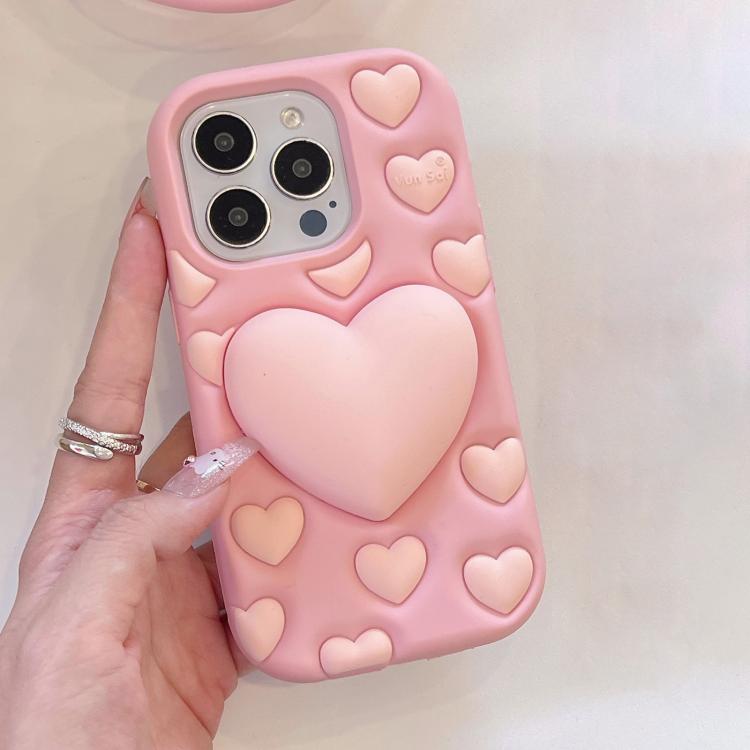 Funda de silicona con diseño de corazón 3D para iPhone 16 Pro Max (rosa)