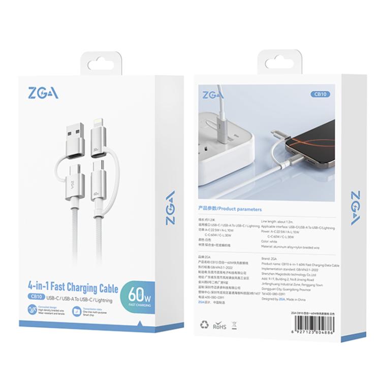 Cable de datos de carga rápida ZGA CB10 de 60 W USB/Tipo C a 8 pines/Tipo C 4 en 1, longitud: 1,2 m (blanco)