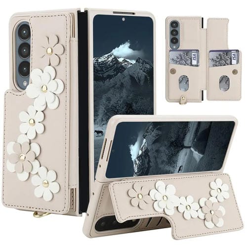 Funda de cuero con estampado floral para Samsung Galaxy Z Fold4 (blanca)